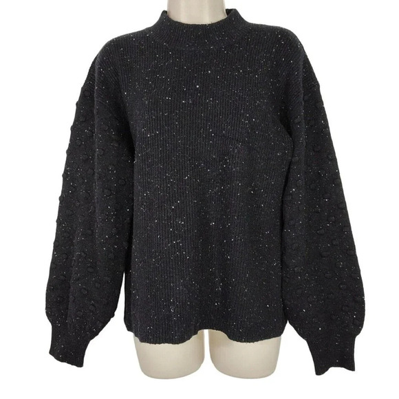 CeCe Black Speckled MockNeck Pullover Sweater Women Size M Knobby Balloon Sleeve - Picture 1 of 9